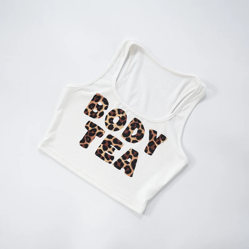 White tank top with leopard print text on a white background