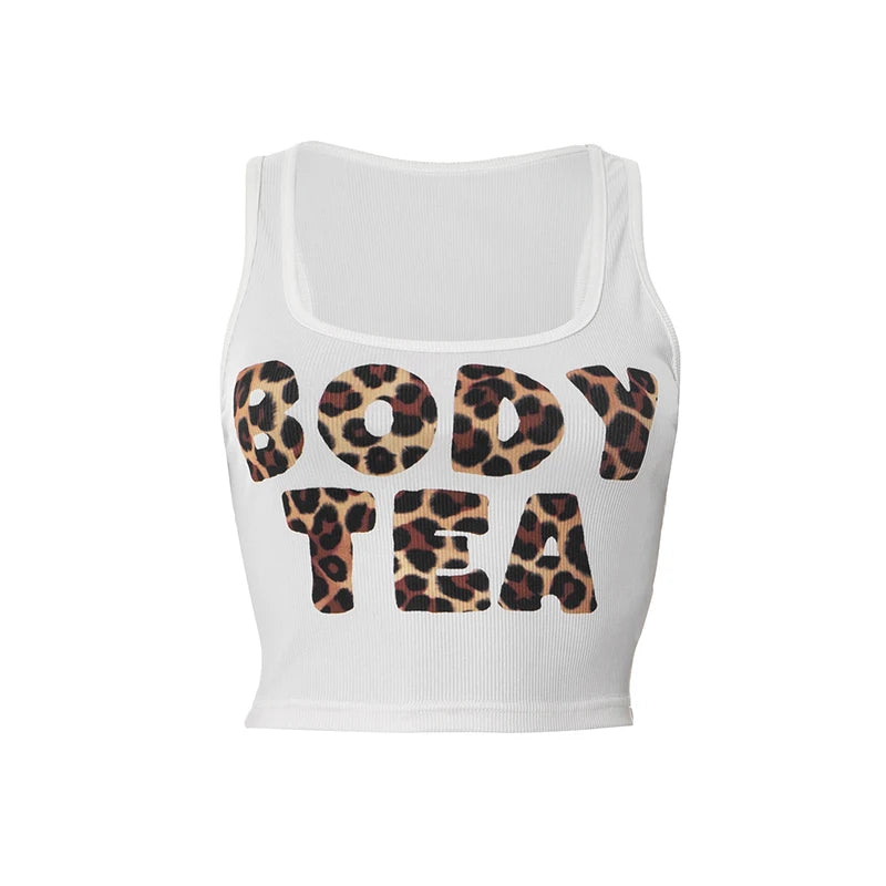 White crop top with 'BODY TEA' in leopard print text on a white background