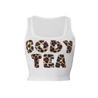 White crop top with 'BODY TEA' in leopard print text on a white background