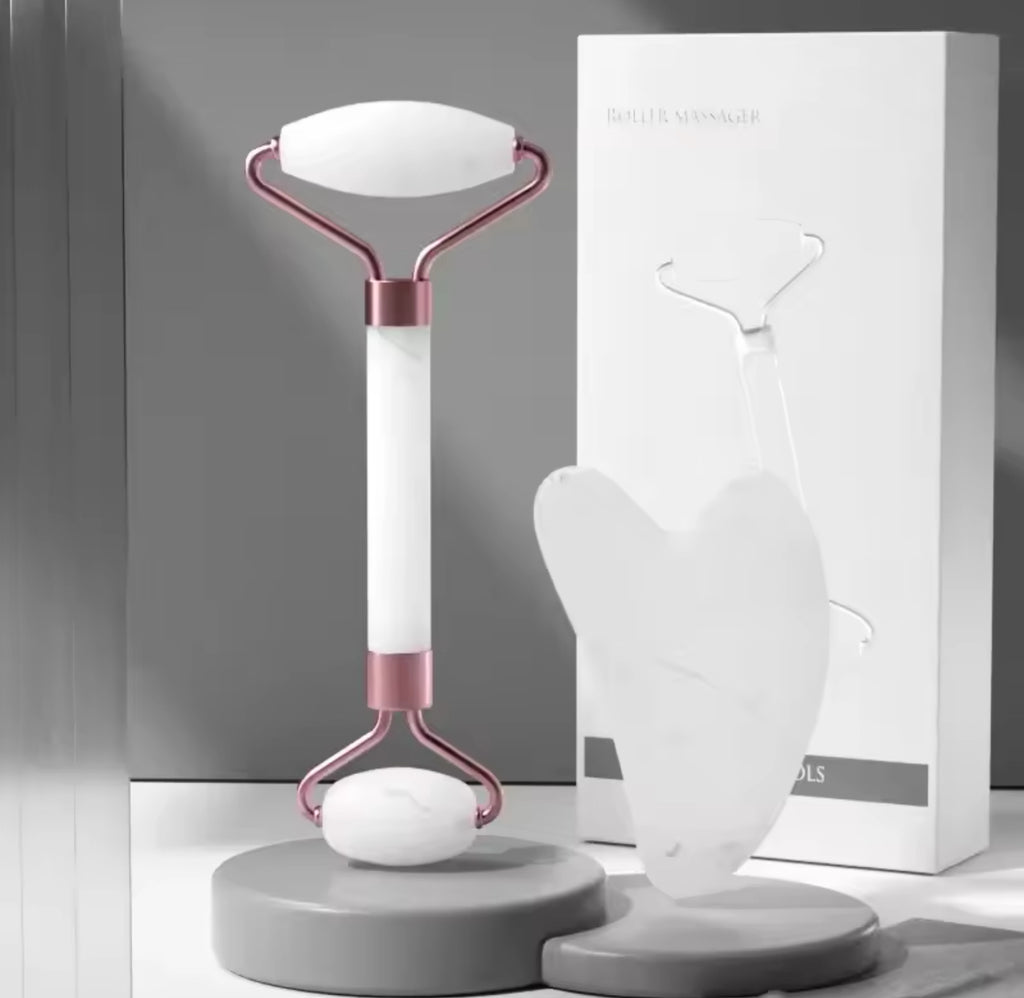 2Pcs Face Massager Roller & Gua Sha Board Set