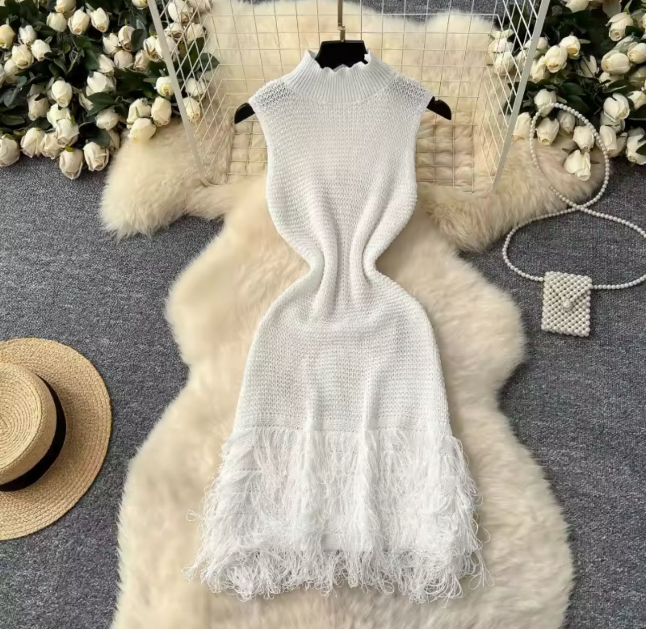 Classy Knitted Sleeveless Dress with Tassels