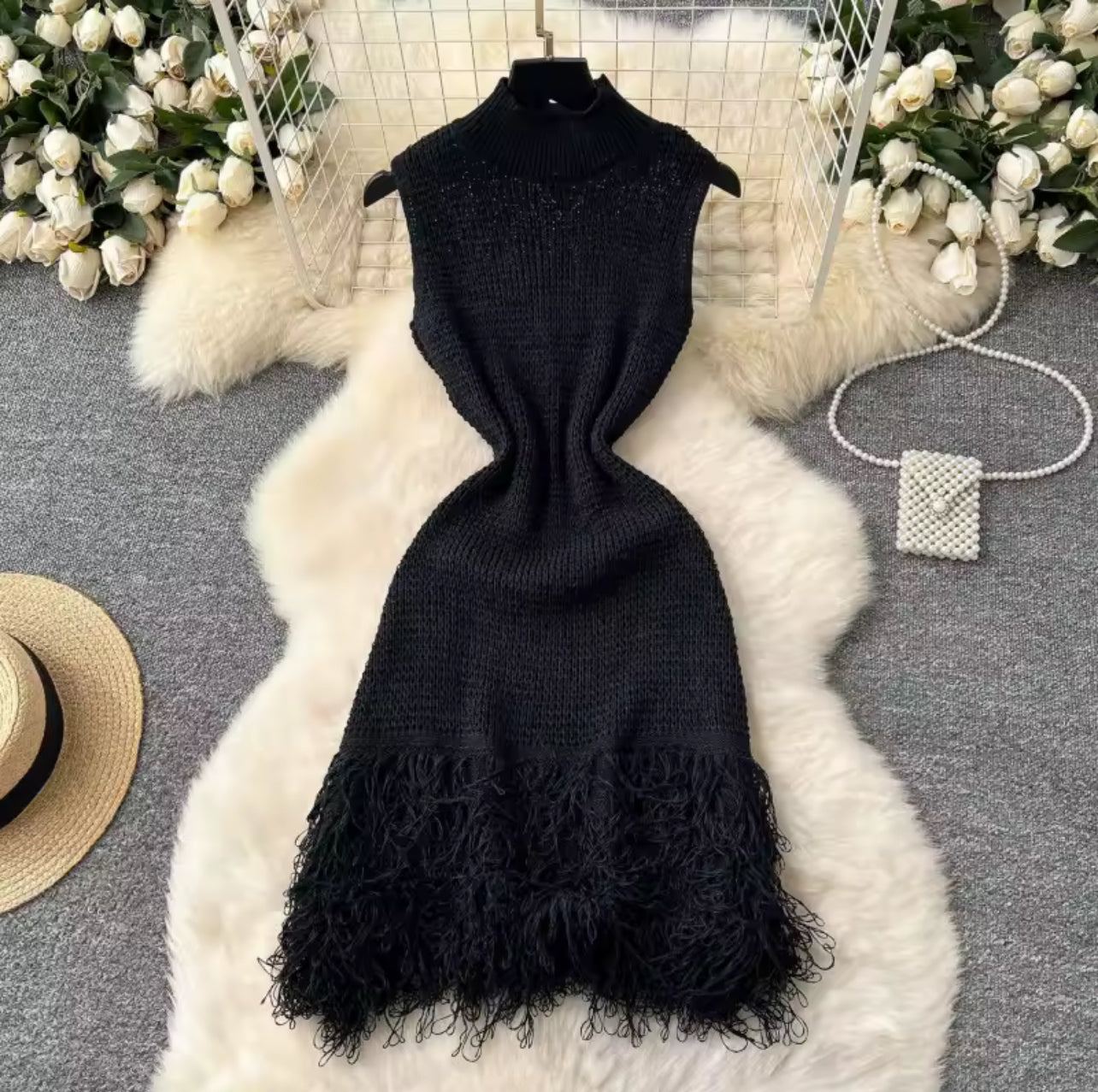 Classy Knitted Sleeveless Dress with Tassels