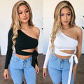 Women’s Bandage Slim Fit Long Sleeve One-Shoulder Bow-Tie Cold Shoulder Crop Top Weeknd Shop Online