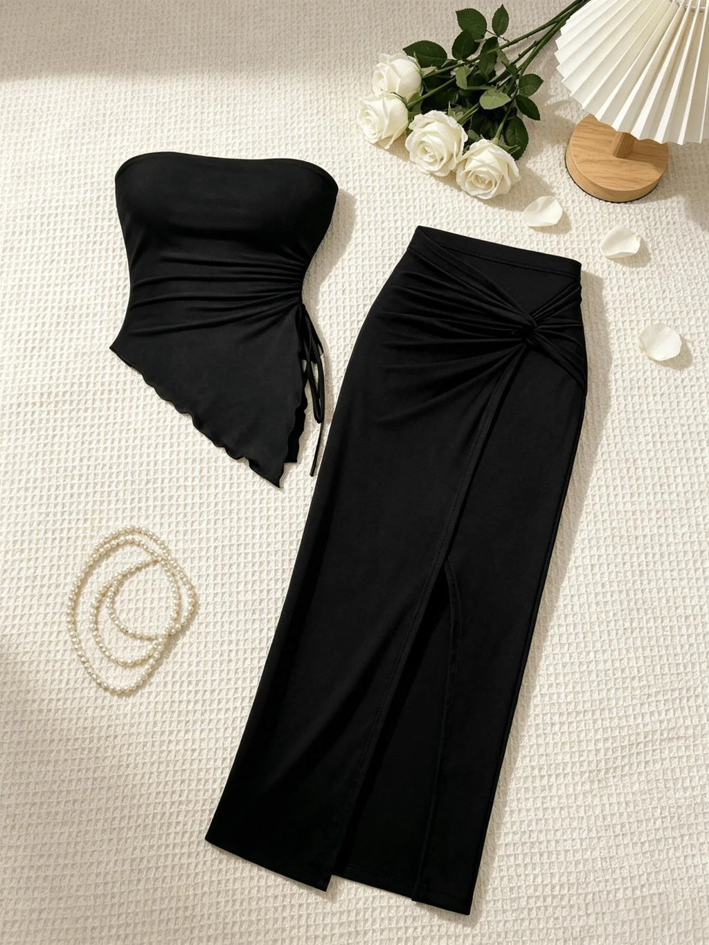 2 Piece Women Strapless Midi Skirt & Top