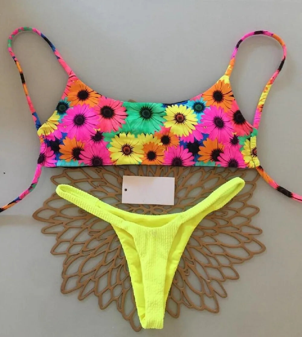 Flowers Printed Mini Thong High-Cut Bikini Set