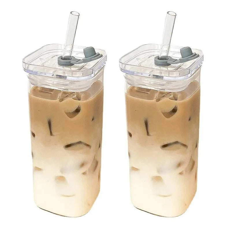 Square Heat-Resistant Glass Cup with Lid & Straw