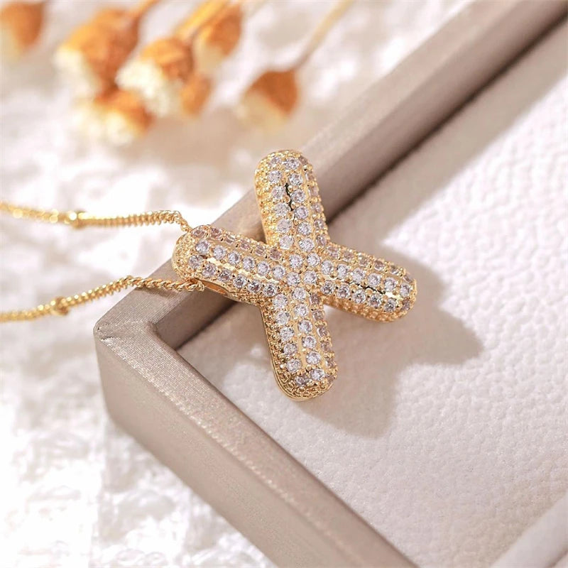 Personalized A-Z Balloon Letter Necklace – Gold-Plated Zircon Pendant on Minimalist Collarbone Chain