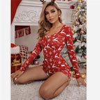 Christmas Printed Pattern Pajama V-Neck Romper