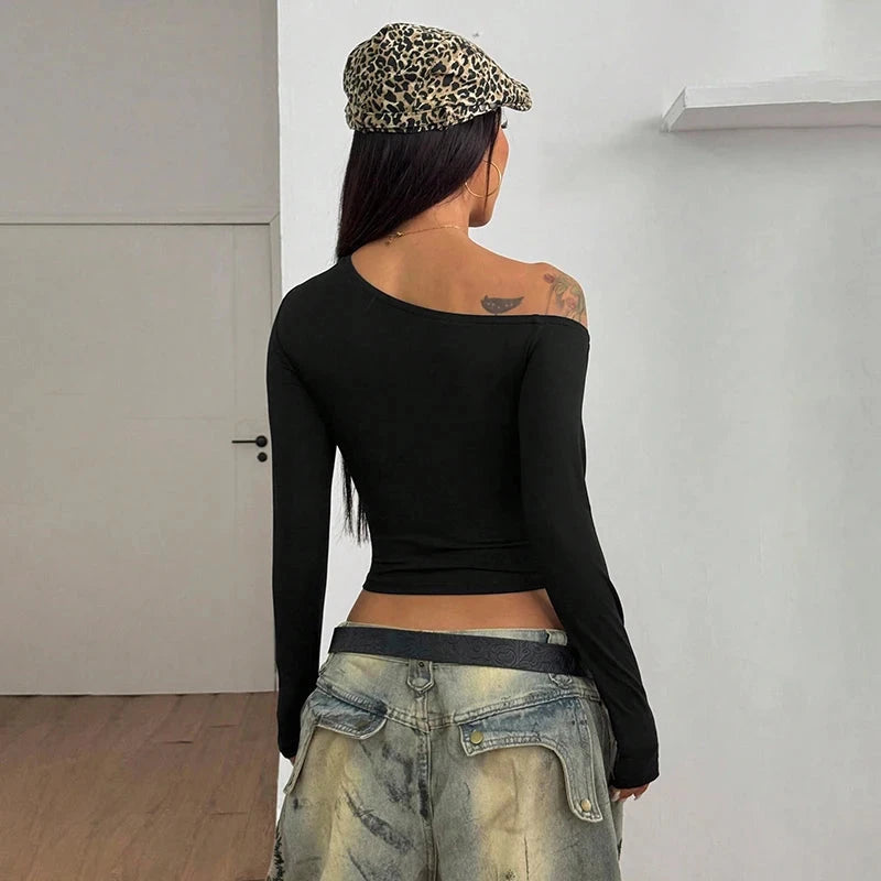 Zanna Off-Shoulder Slant Neck Hollow Out Crop Top Weeknd Shop Online