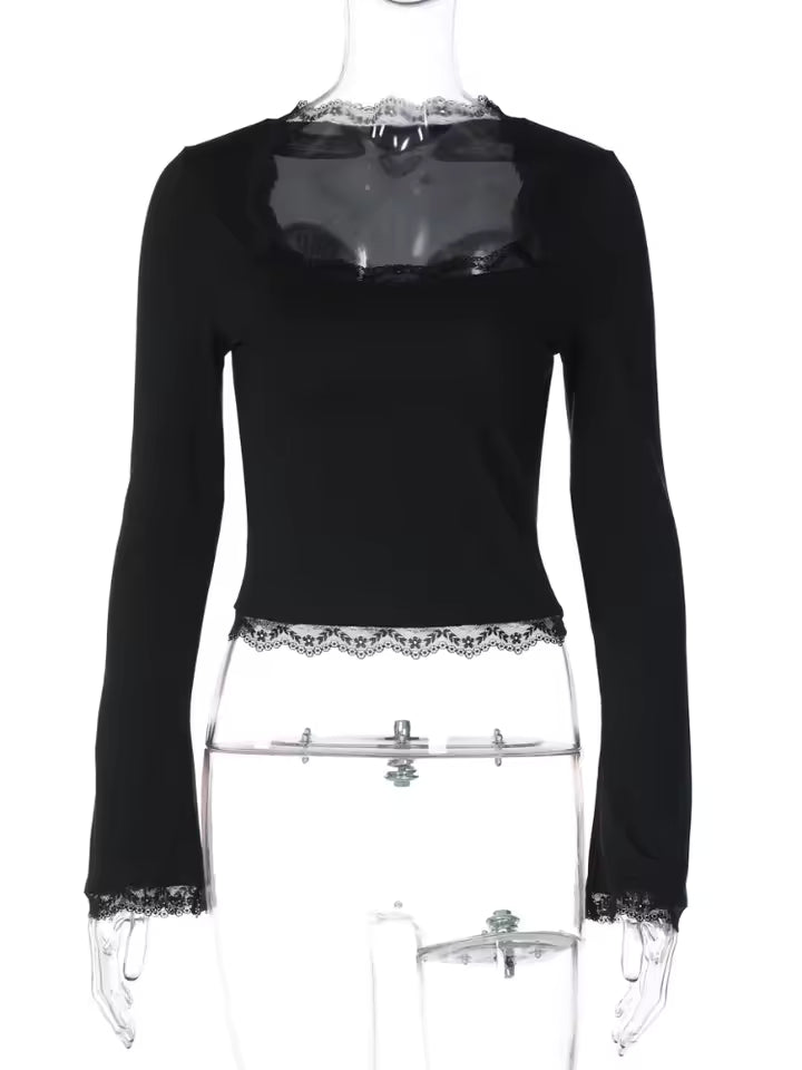 Lace Patchwork Long Sleeve Square Neckline Top