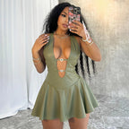 Gal Gal Green Sexy Faux Leather Deep V-Neck Dress