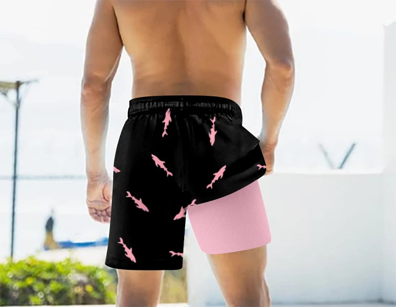 Men's Sharks Print Drawstring Shorts with Pockets