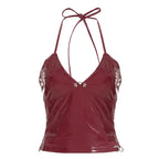 Red PU Leather Halter Bandage Crop Top