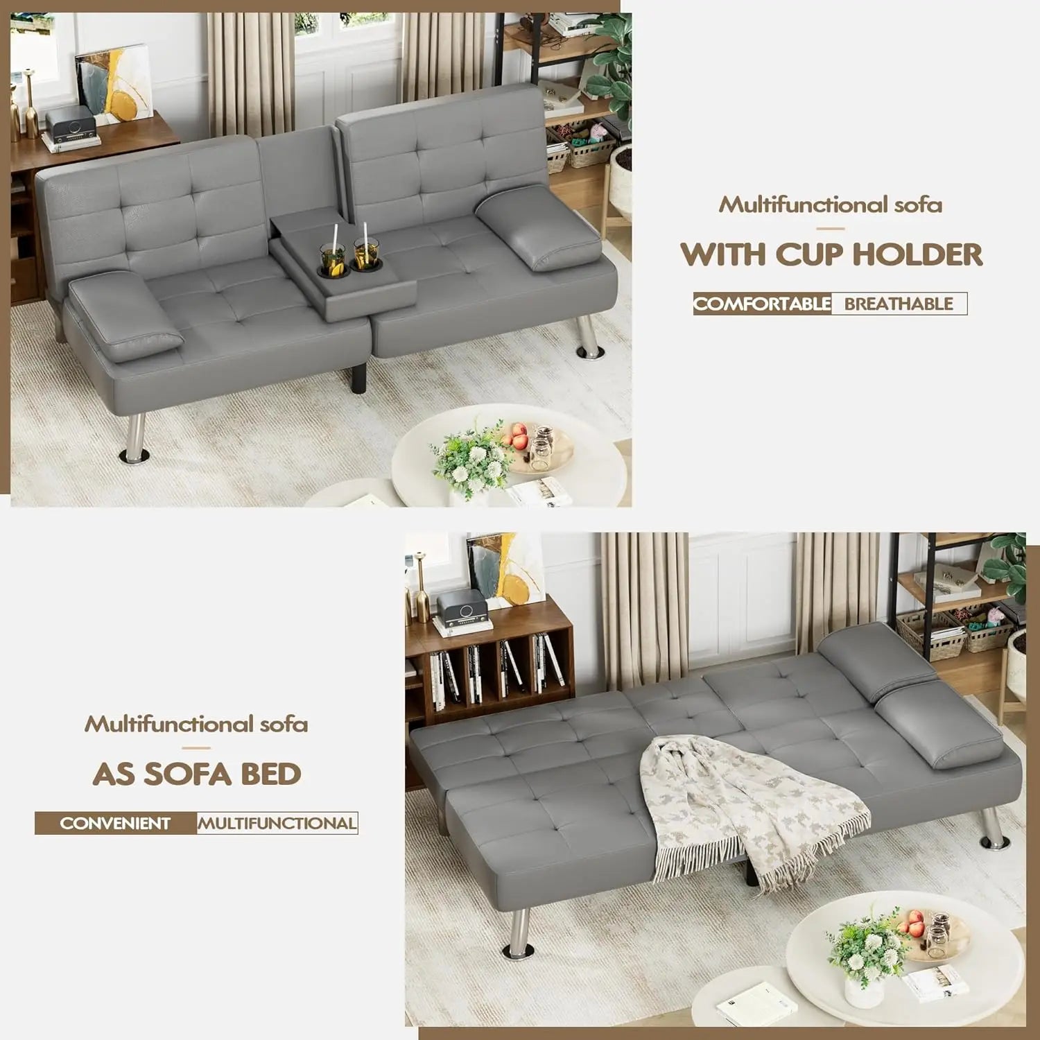 Leather Sofa Bed Futon with Removable Armrests