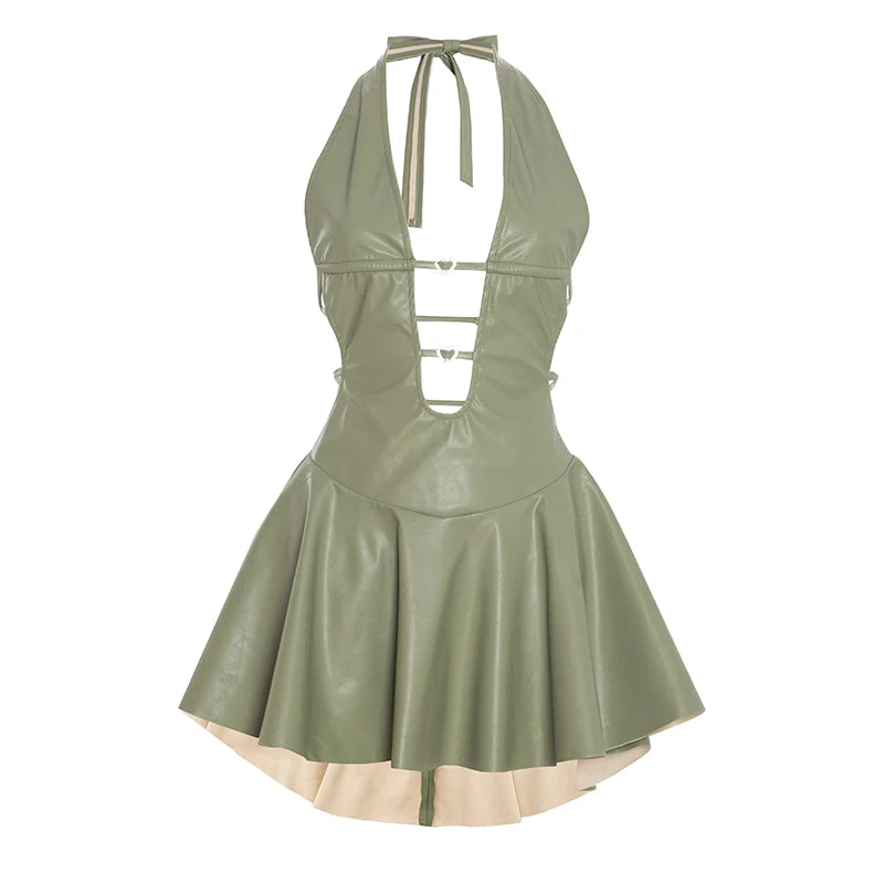 Gal Gal Green Sexy Faux Leather Deep V-Neck Dress