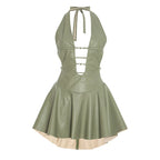 Gal Gal Green Sexy Faux Leather Deep V-Neck Dress
