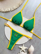 Sexy Embroidered Brazil Flag Contrast Split Bikini Set