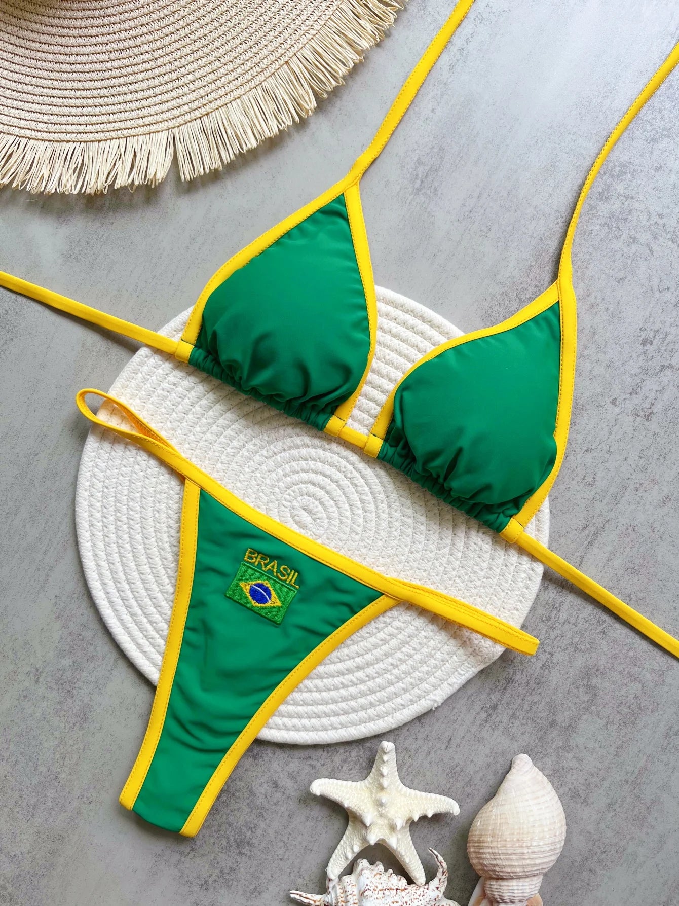 Sexy Embroidered Brazil Flag Contrast Split Bikini Set