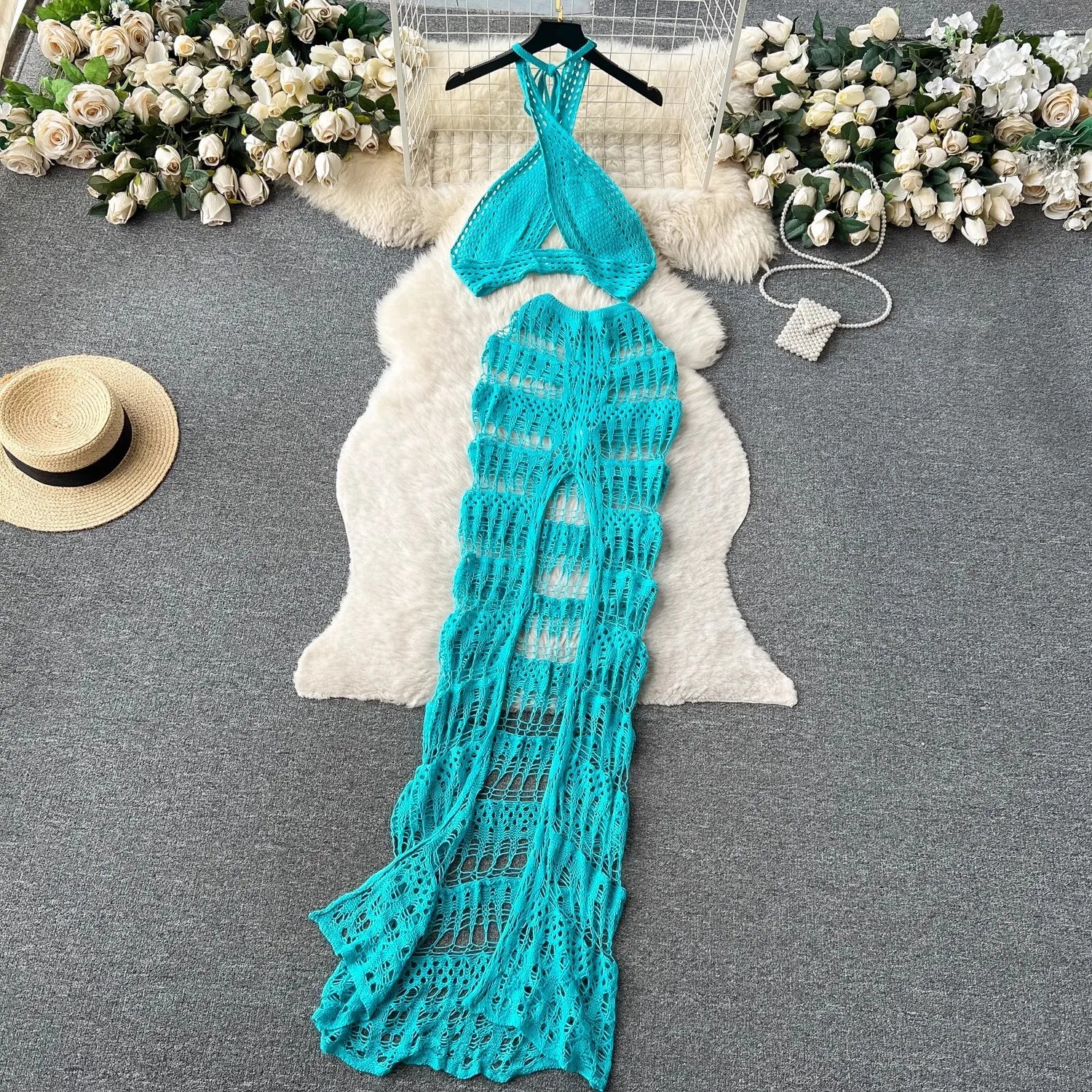 Janie Cross Halter Top + Split Long Skirt Set