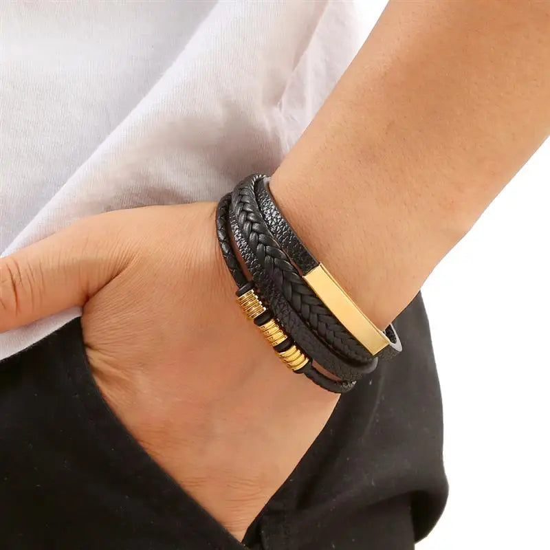 Men’s Multi-Layer Black Leather Bracelet with Gold Accents