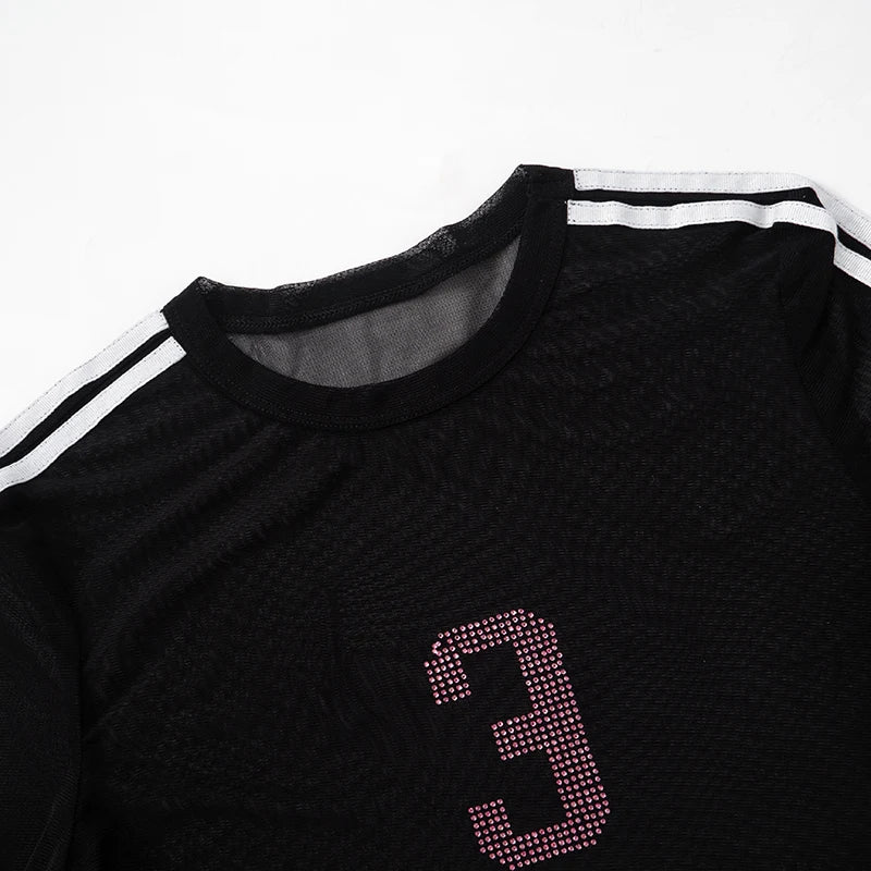Mesh Long Sleeve Number 3 Print Crop Top