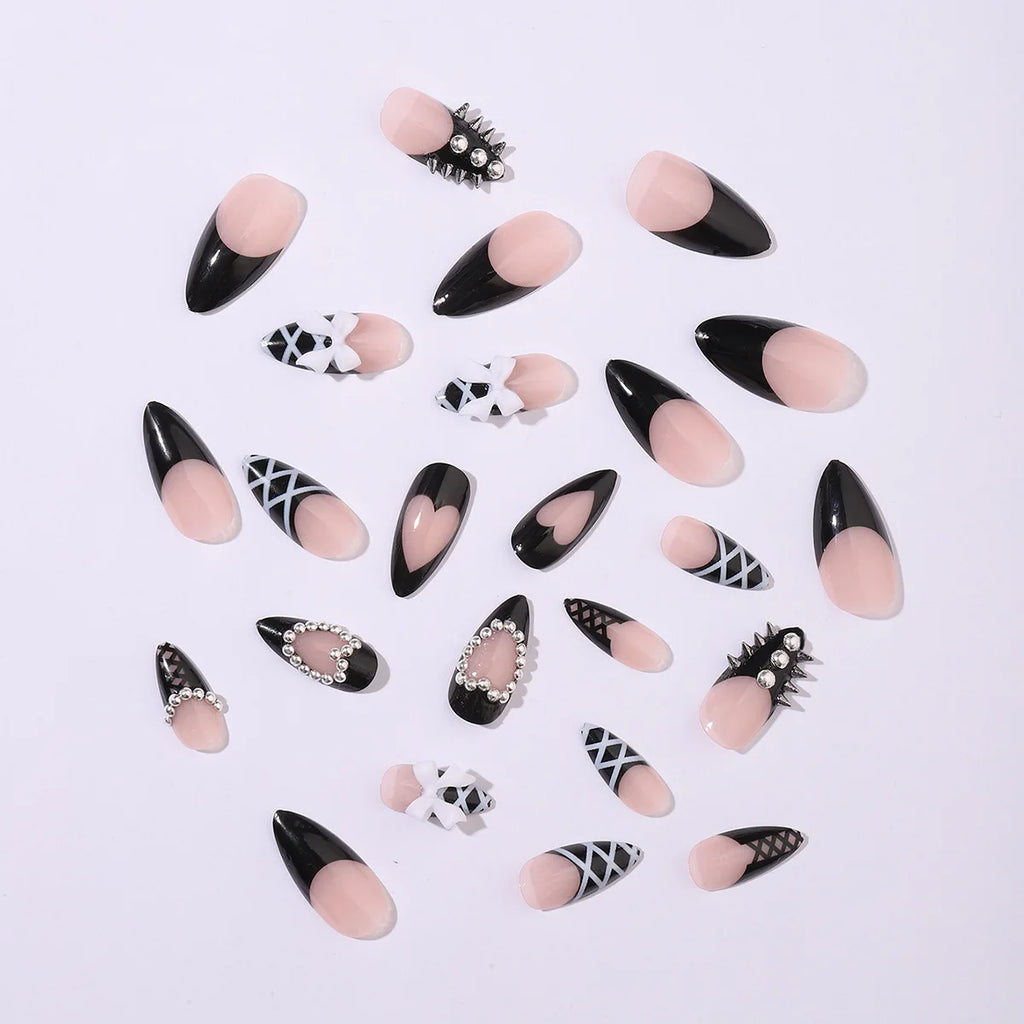 Gothic Black Beaded Press On Nails 24pc