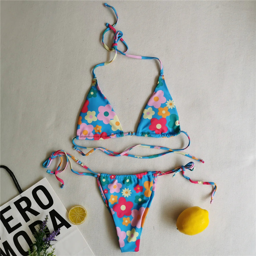 Flower & Polka Dot Wrap Around Bikini Set
