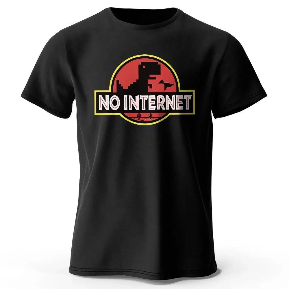 Cartoon Dinosaur "No Internet" T-Shirt – Funny Harajuku Jurassic-Themed Tee for Men