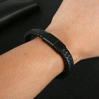 ibrow Black Braided Leather Men’s Bracelet – Stylish Magnetic Clasp Wrap Accessory