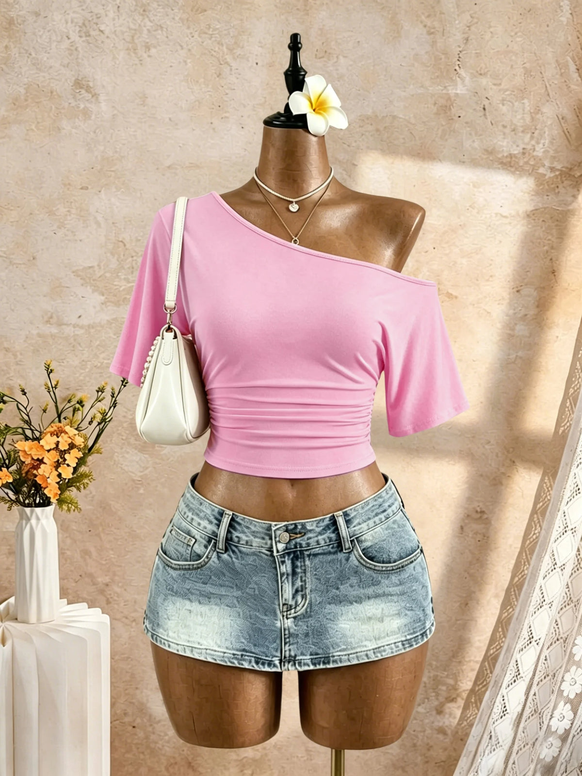 Women One Shoulder Short Sleeve Side Ruched Cropped Top