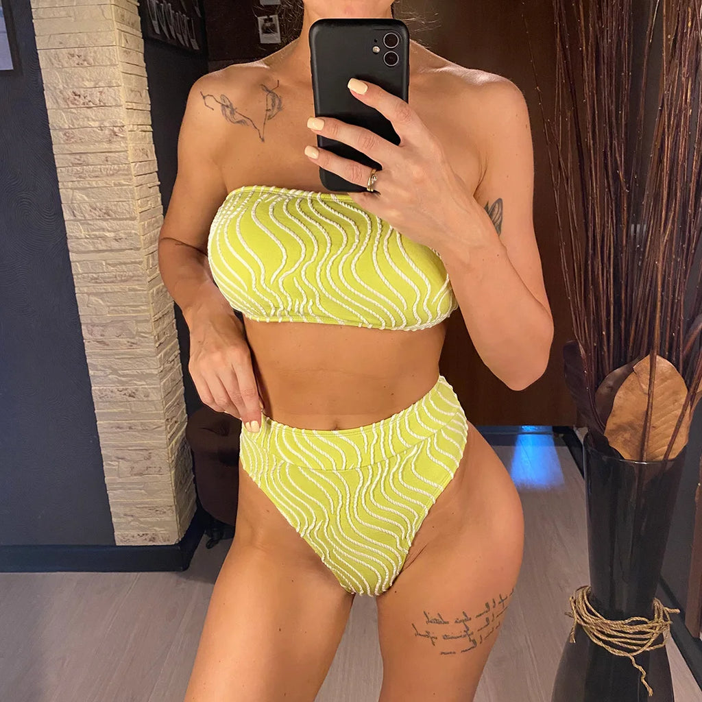 Sexy Wave Striped Bandeau High Waist Bikini Set