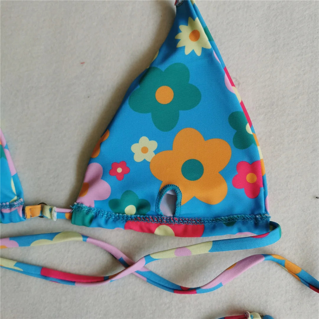 Flower & Polka Dot Wrap Around Bikini Set
