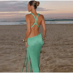 Green Ribbed Backless V-Neck with High Slit