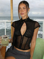 Black Mesh Collar Short Sleeve Top