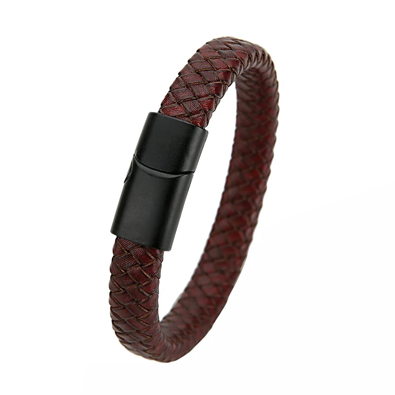ibrow Black Braided Leather Men’s Bracelet – Stylish Magnetic Clasp Wrap Accessory