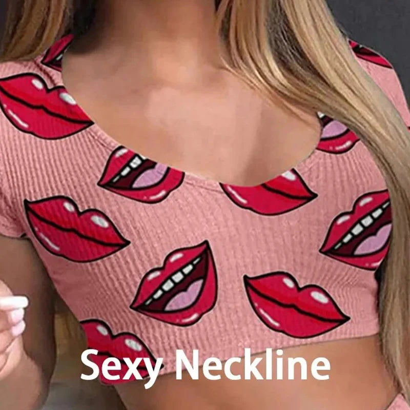 Sexy Casual Lips Print Top  Short Set