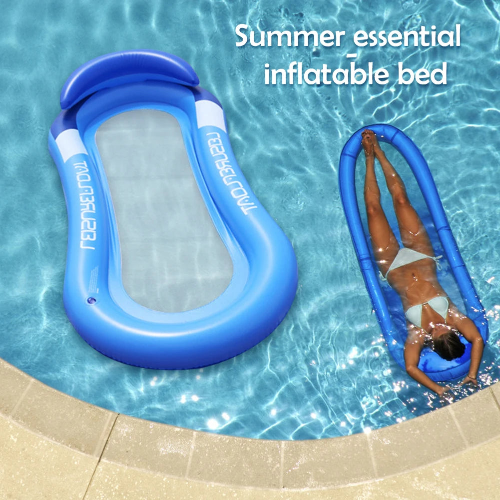 Inflatable pool bed with a person using it in a pool, labeled 'Summer essential inflatable bed'.
