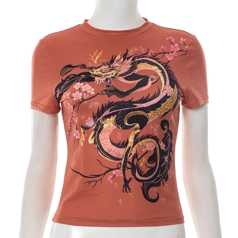 Orange Pattern Printed Slim Round Neck Crop Top Weeknd Shop Online