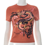 Orange Pattern Printed Slim Round Neck Crop Top Weeknd Shop Online