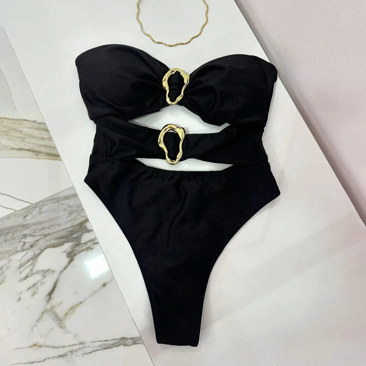 3 Colors Sexy Metal Rings Cut-Out One-Piece Swimsuit