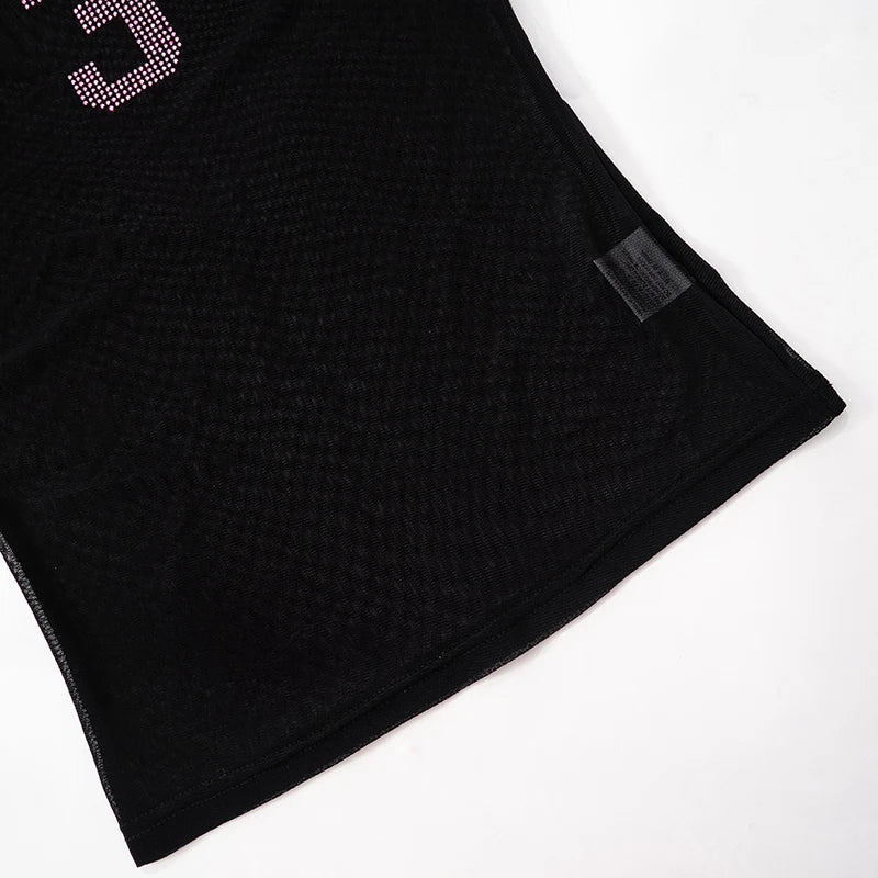 Mesh Long Sleeve Number 3 Print Crop Top