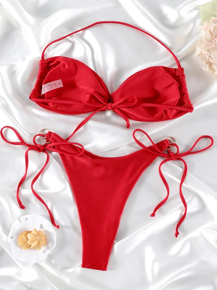 Red Solid Push-Up Bikini Set