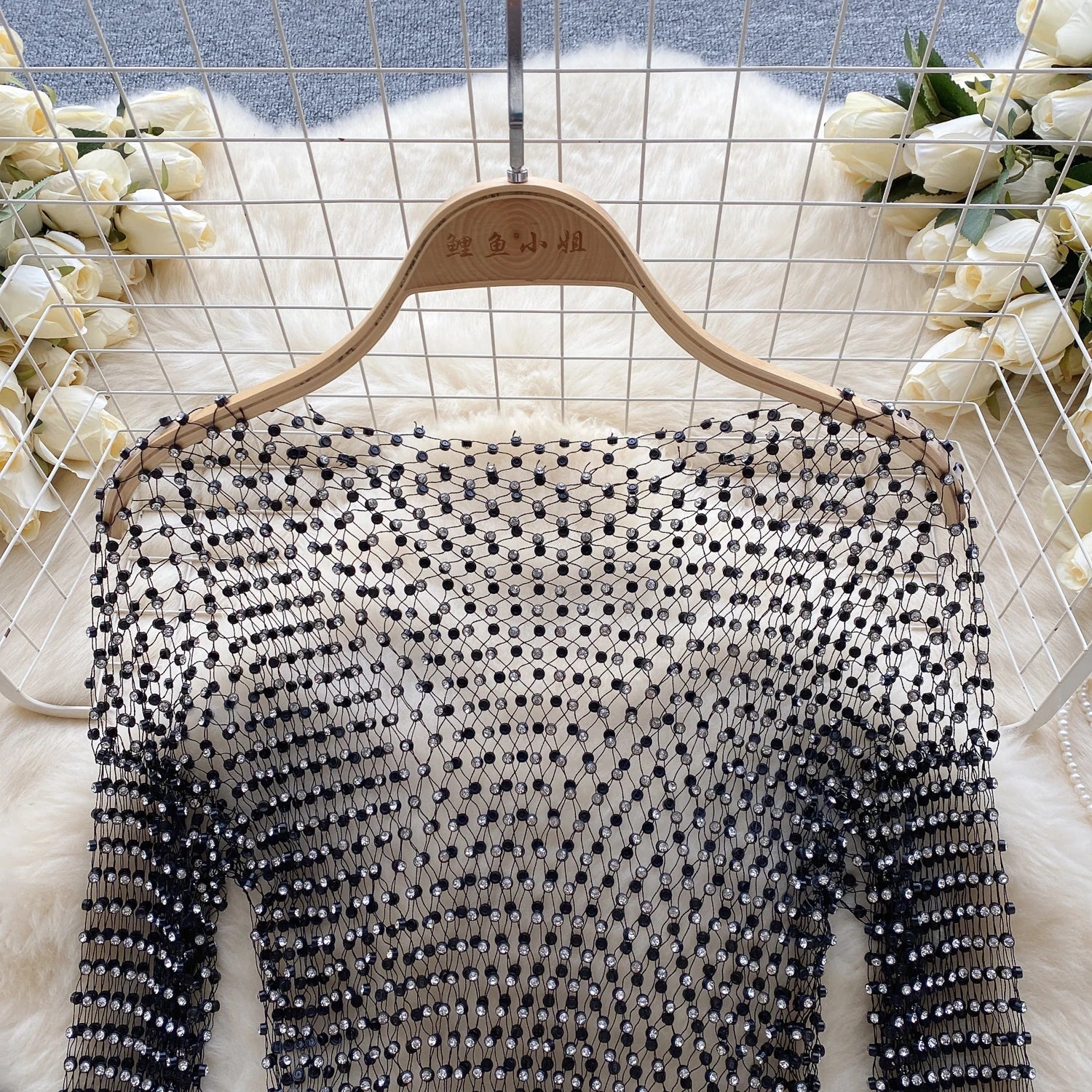 Chic Rhinestone Fishnet Blouse