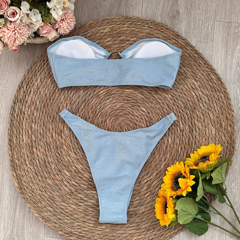 Blue Sparkle Bandeau Bikini Micro Bikini Set