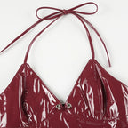 Red PU Leather Halter Bandage Crop Top