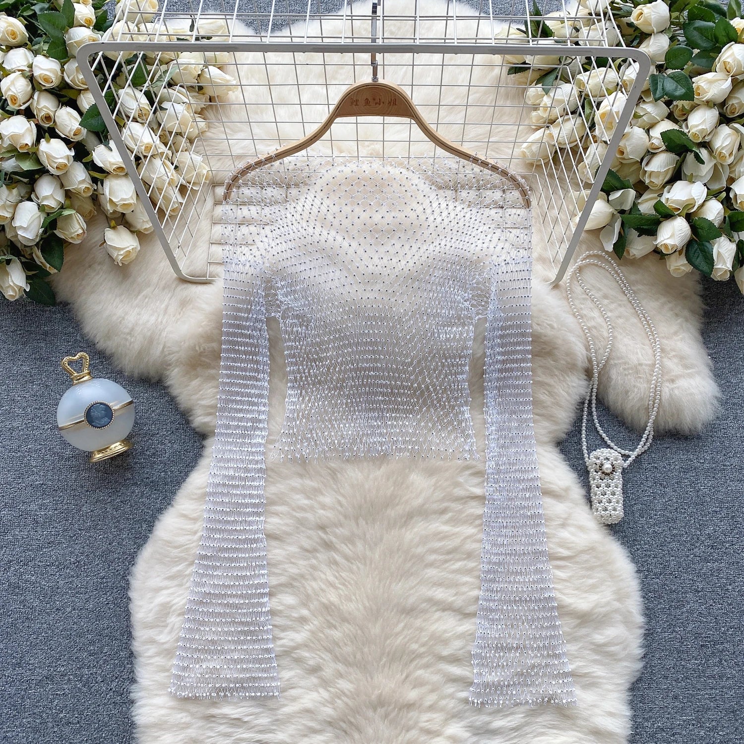 Chic Rhinestone Fishnet Blouse