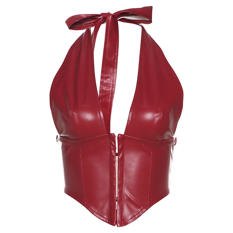 Faux Leather Halter Tie-Back Corset Top