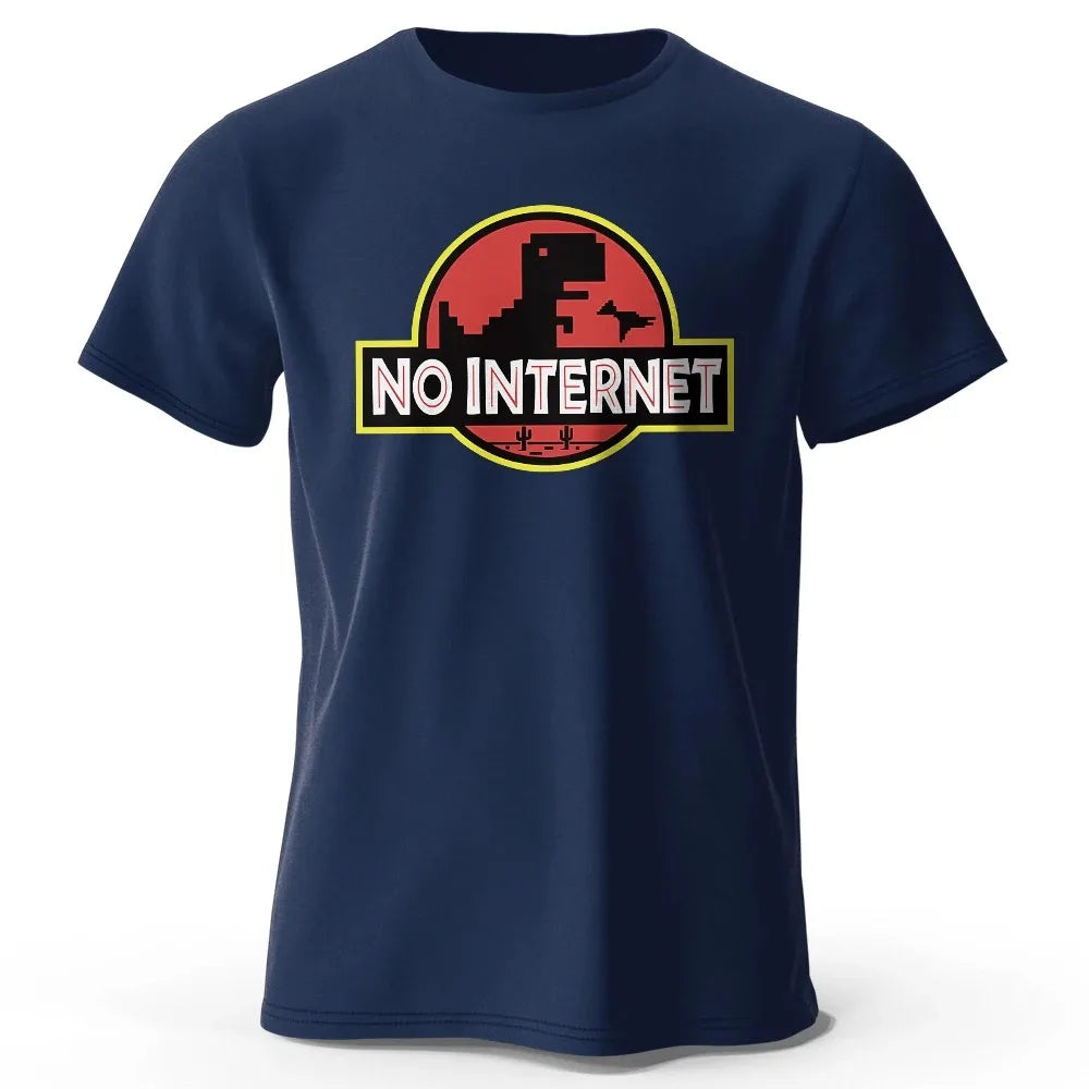 Cartoon Dinosaur "No Internet" T-Shirt – Funny Harajuku Jurassic-Themed Tee for Men
