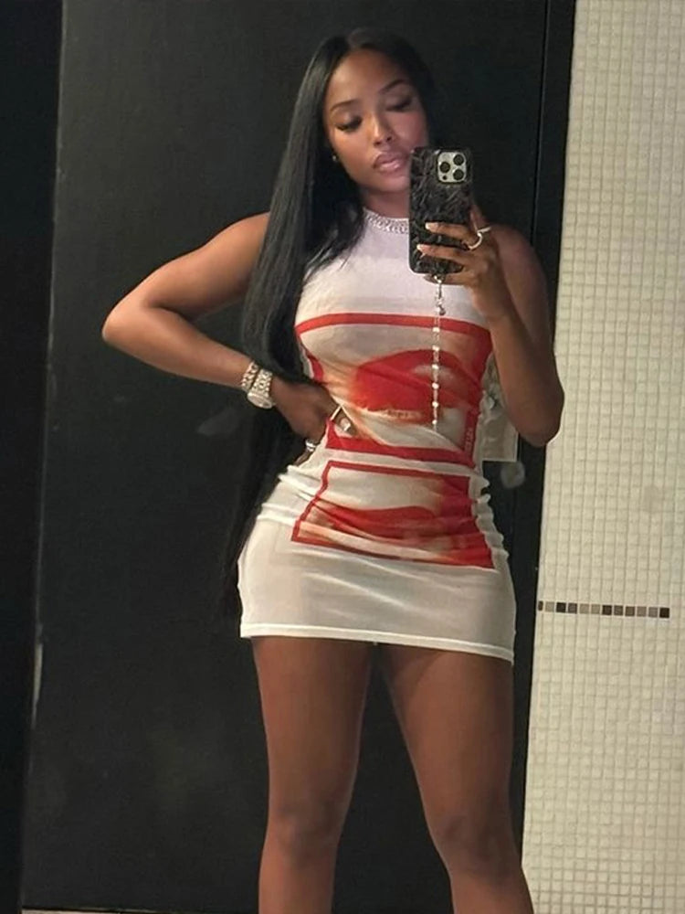 Lip Print Women Long Tank See Throuh Dress