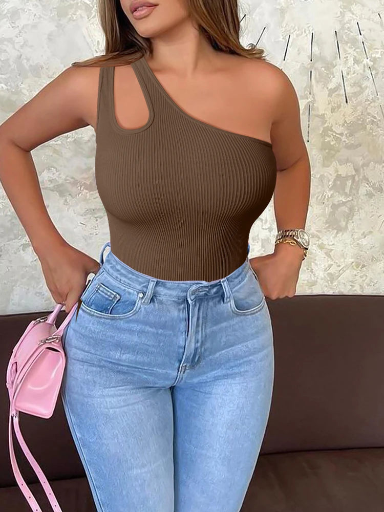 One-Shoulder Sleeveless Yoga Bodysuit